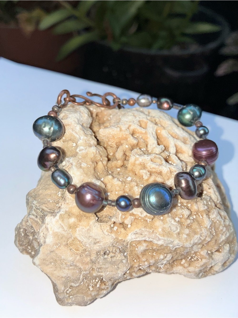 Multicolor round fresh water pearl beaded cable bracelet with hook clasp
